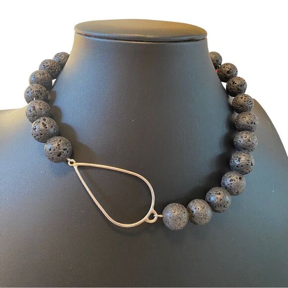 Artisan Designed & Hand Crafted Lava Rock & Silver Accent Necklace. - Picture 3 of 6
